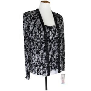 NWT Patra Sequin Embellished Chiffon Jacket Tank 2 PC Set Black Evening Petite L